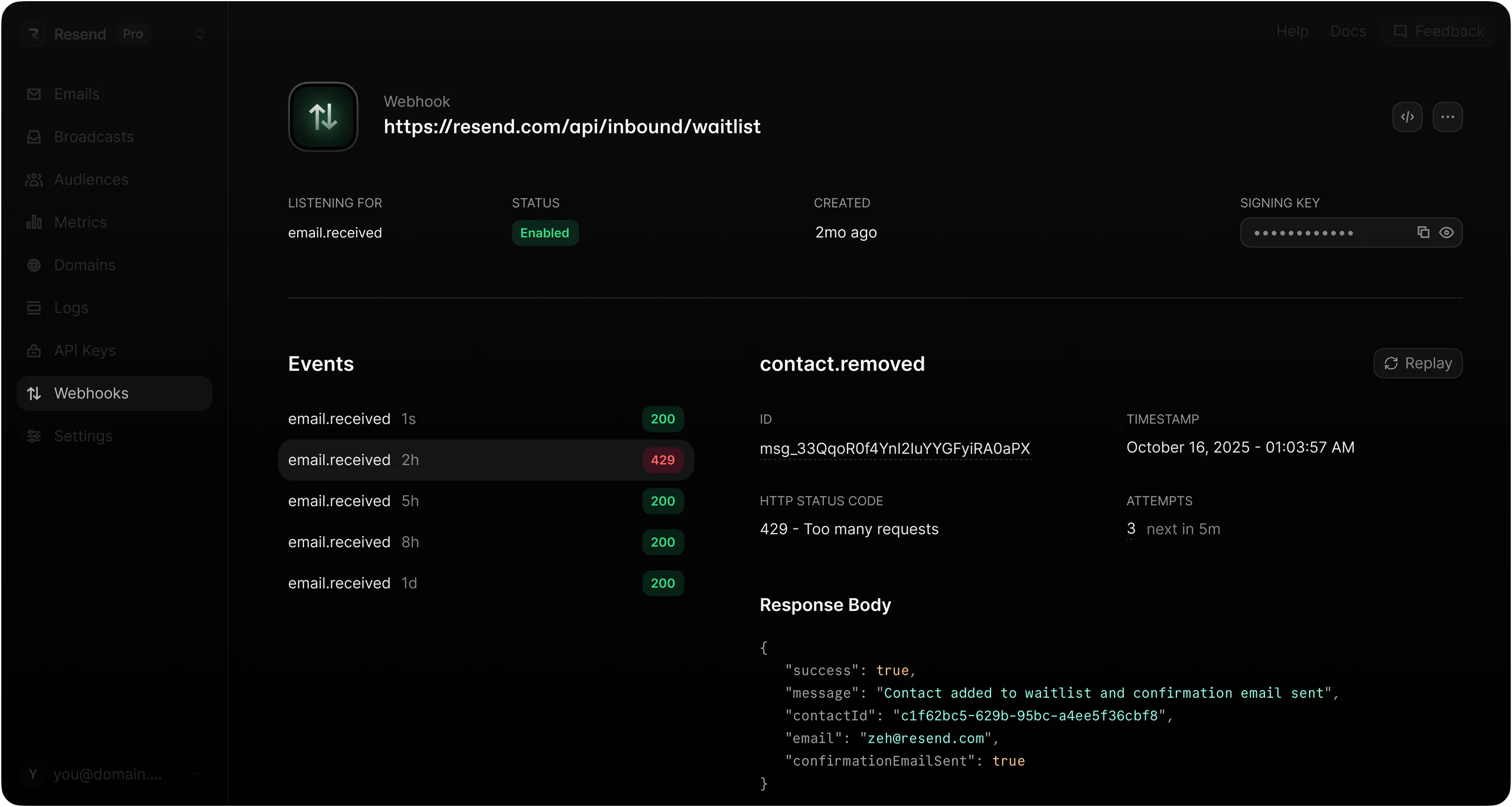 Webhooks visibility screenshot